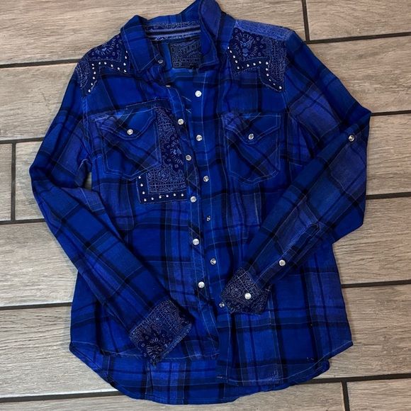 Affliction Tops - Affliction Blue Plaid Button Down Shirt